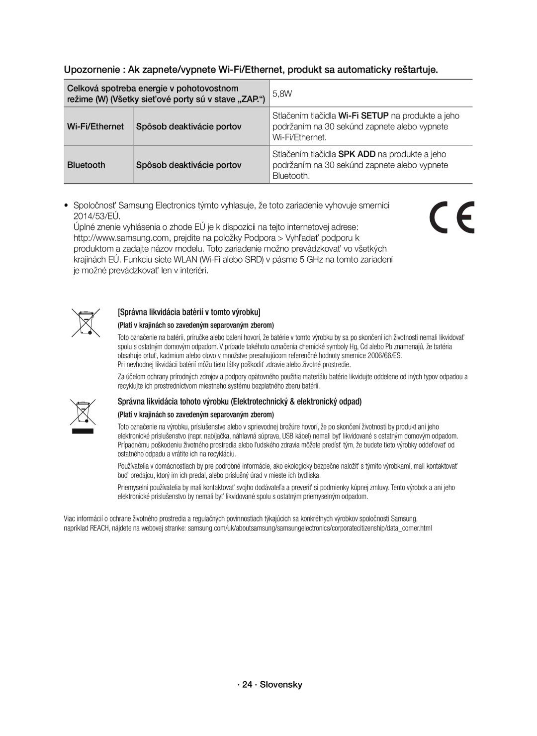 Samsung HW-K850/EN manual Celková spotreba energie v pohotovostnom, · 24 · Slovensky 