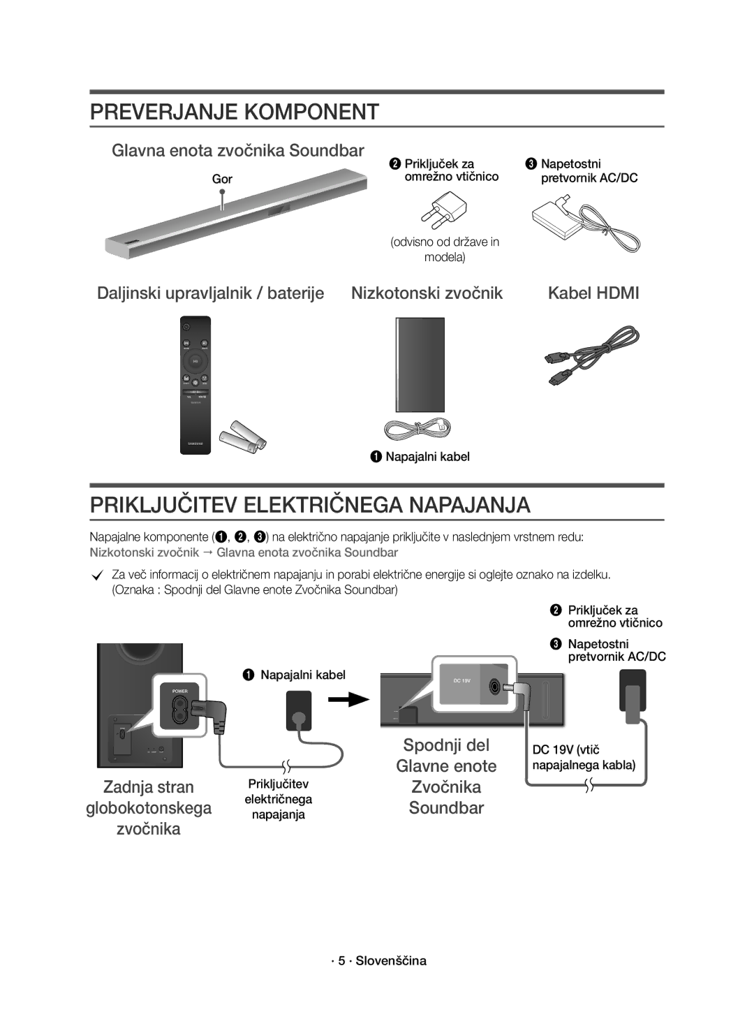 Samsung HW-K850/EN manual Preverjanje Komponent, Priključitev Električnega Napajanja 