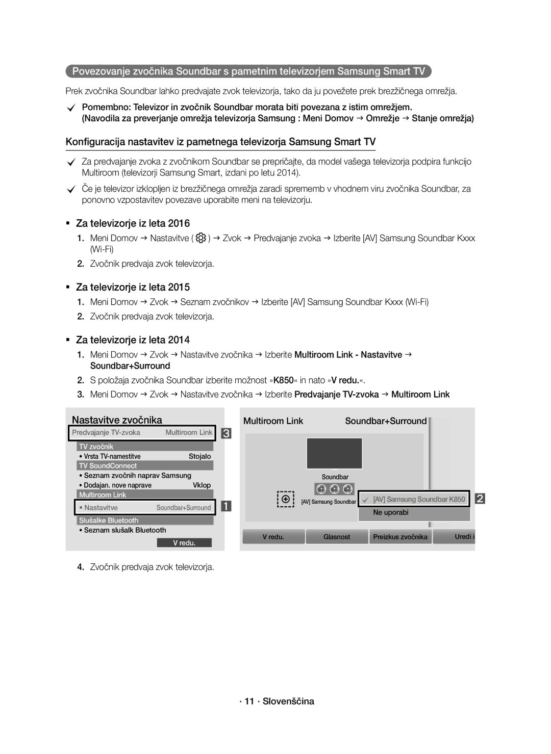 Samsung HW-K850/EN manual  Za televizorje iz leta, Zvočnik predvaja zvok televizorja · 11 · Slovenščina 