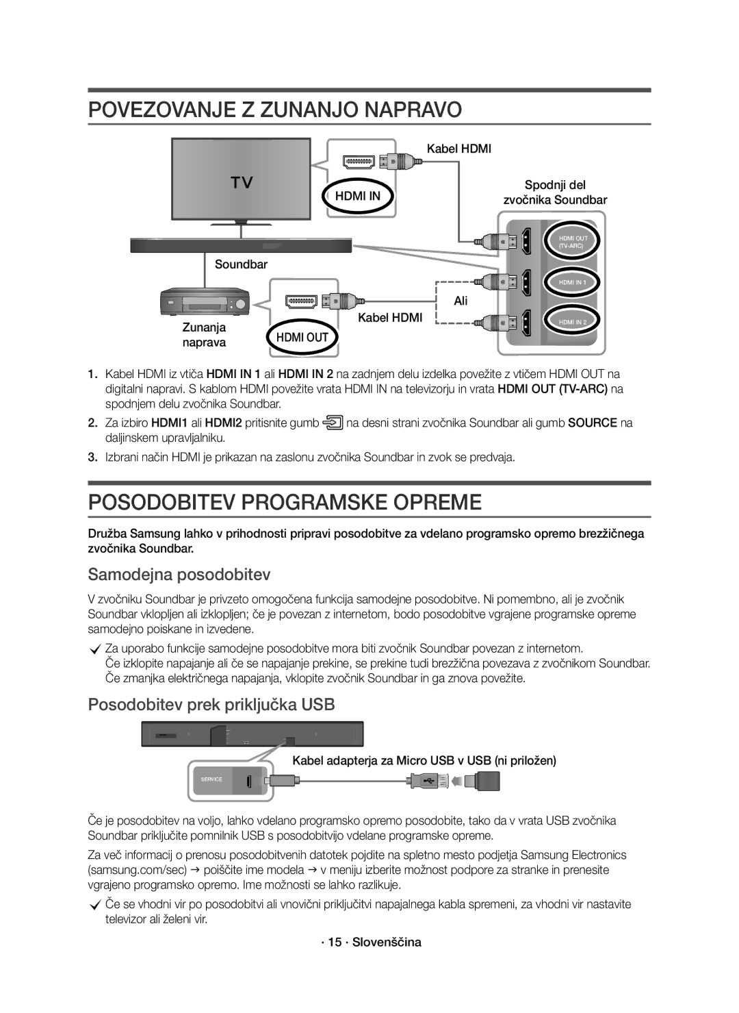 Samsung HW-K850/EN manual Povezovanje Z Zunanjo Napravo, Posodobitev Programske Opreme, Samodejna posodobitev 