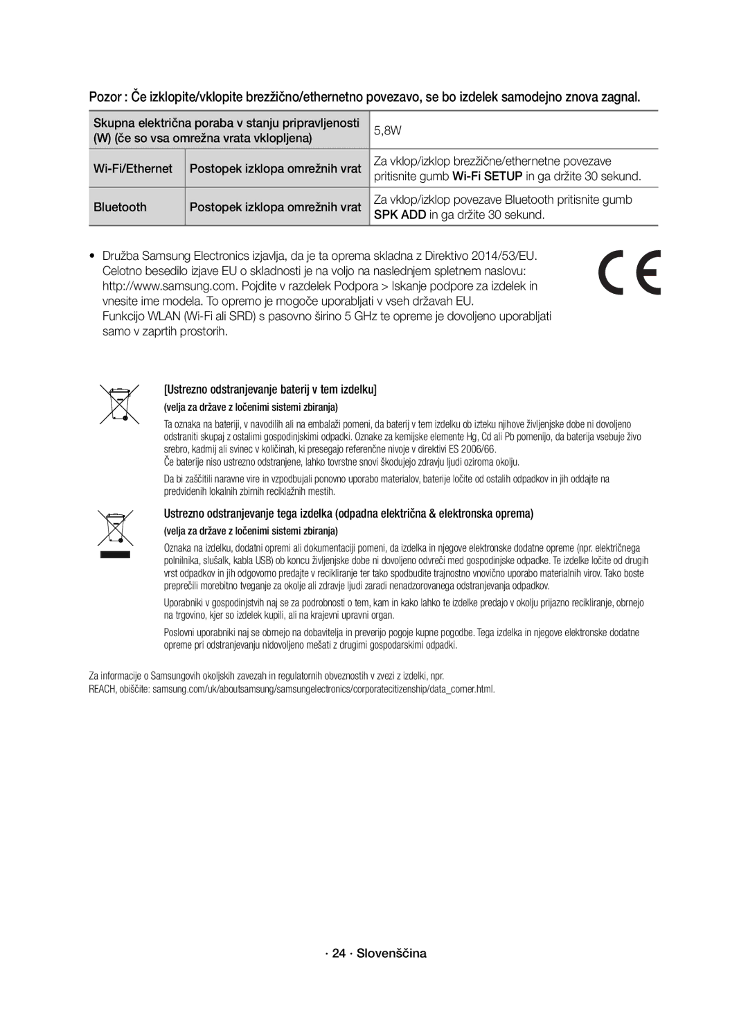 Samsung HW-K850/EN manual Bluetooth Postopek izklopa omrežnih vrat, SPK ADD in ga držite 30 sekund, · 24 · Slovenščina 