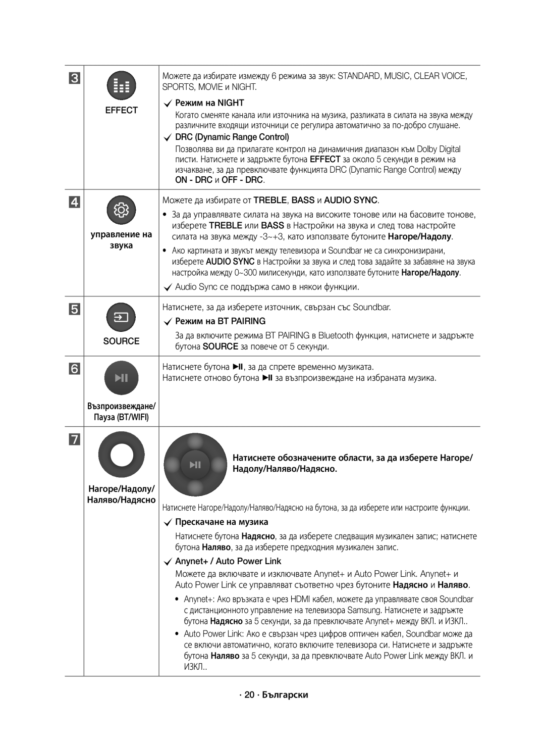 Samsung HW-K850/EN SPORTS, Movie и Night, CРежим на Night, CDRC Dynamic Range Control, On DRC и OFF DRC, · 20 · Български 