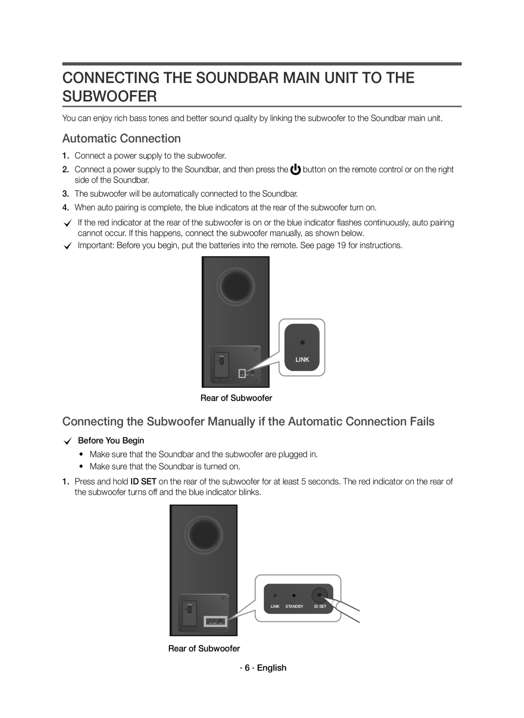 Samsung HW-K850/EN manual Connecting the Soundbar Main Unit to the Subwoofer, Automatic Connection, Rear of Subwoofer 