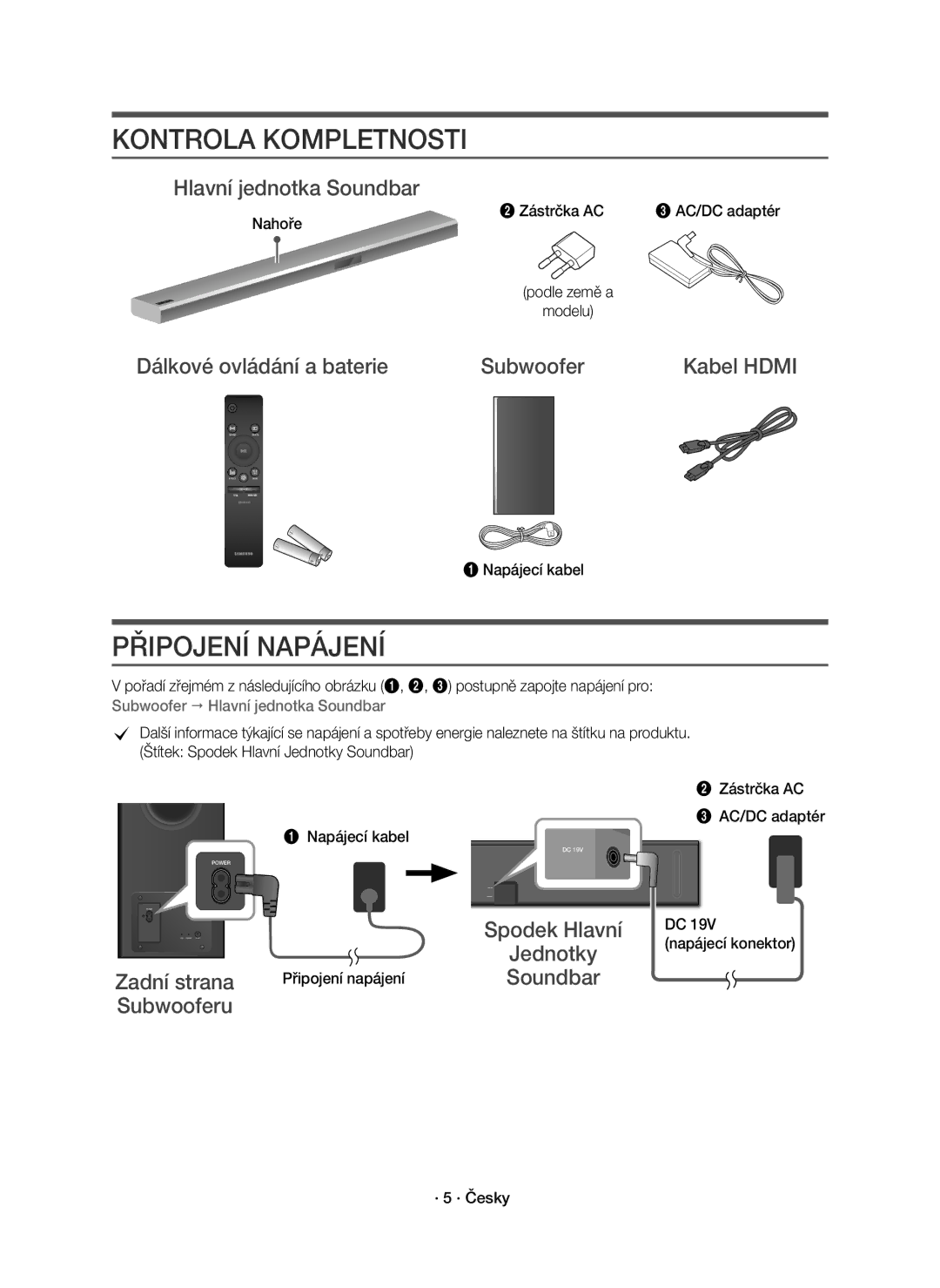 Samsung HW-K850/EN manual Kontrola Kompletnosti, Připojení Napájení 