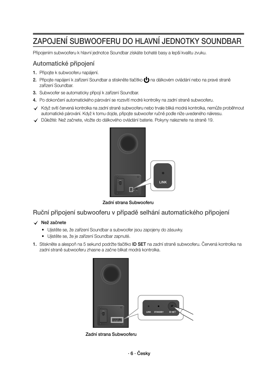 Samsung HW-K850/EN manual Automatické připojení, Zadní strana Subwooferu · 6 · Česky 