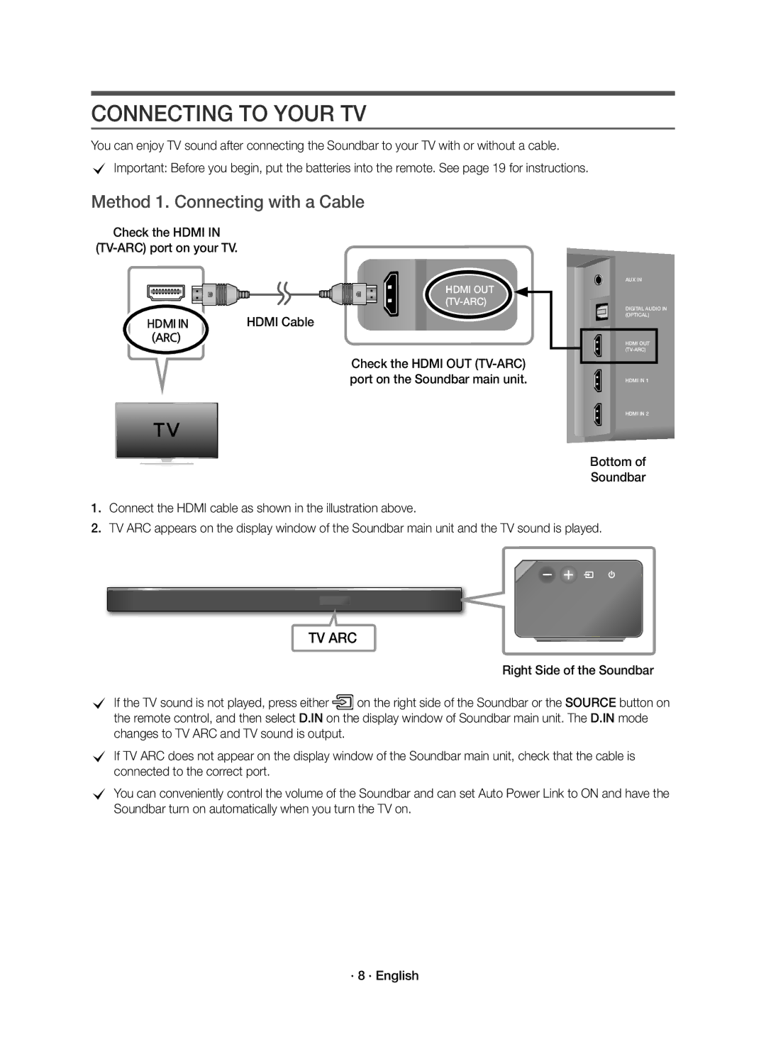 Samsung HW-K850/EN manual Connecting to Your TV, Method 1. Connecting with a Cable, Check the Hdmi TV-ARC port on your TV 