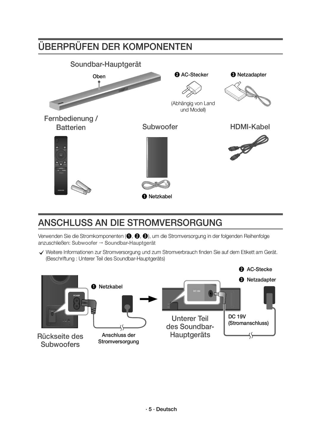 Samsung HW-K850/EN manual Überprüfen DER Komponenten, Anschluss AN DIE Stromversorgung 