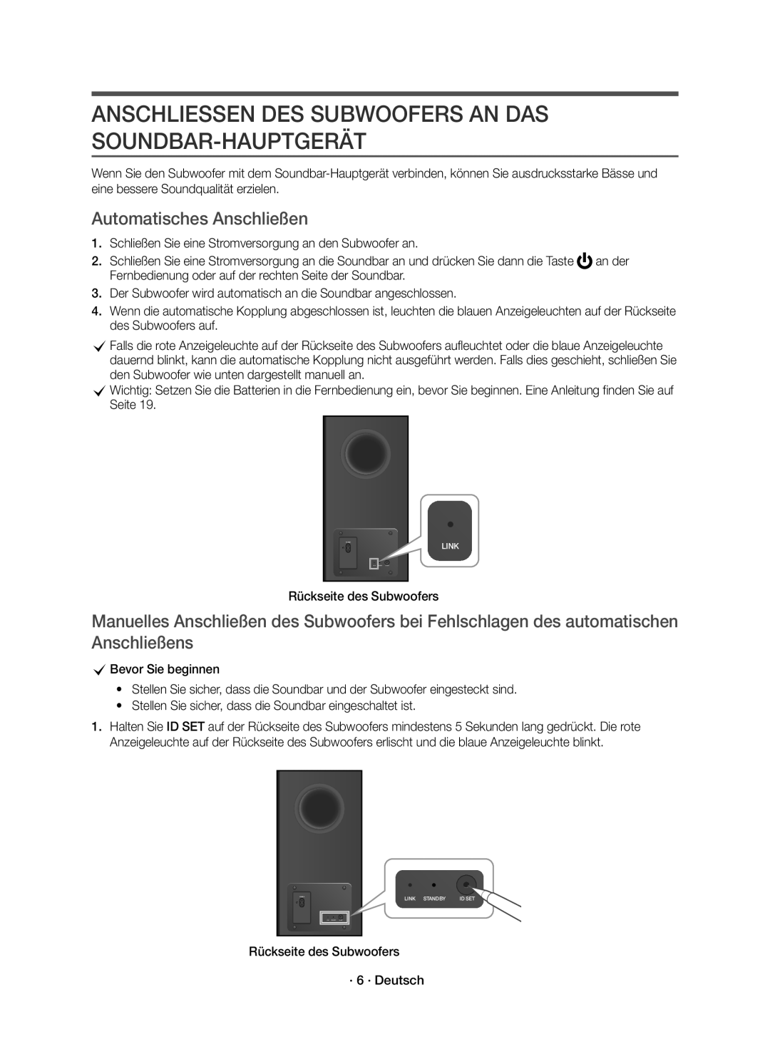 Samsung HW-K850/EN manual Anschliessen DES Subwoofers AN DAS SOUNDBAR-HAUPTGERÄT, Automatisches Anschließen 