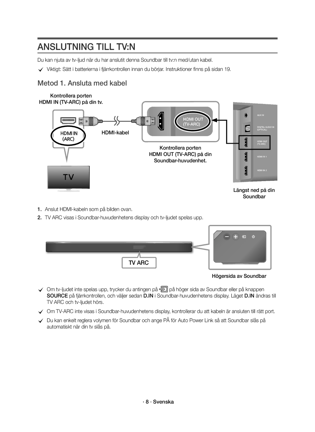 Samsung HW-K860/XE manual Anslutning Till TVN, Metod 1. Ansluta med kabel, Kontrollera porten Hdmi in TV-ARC på din tv 