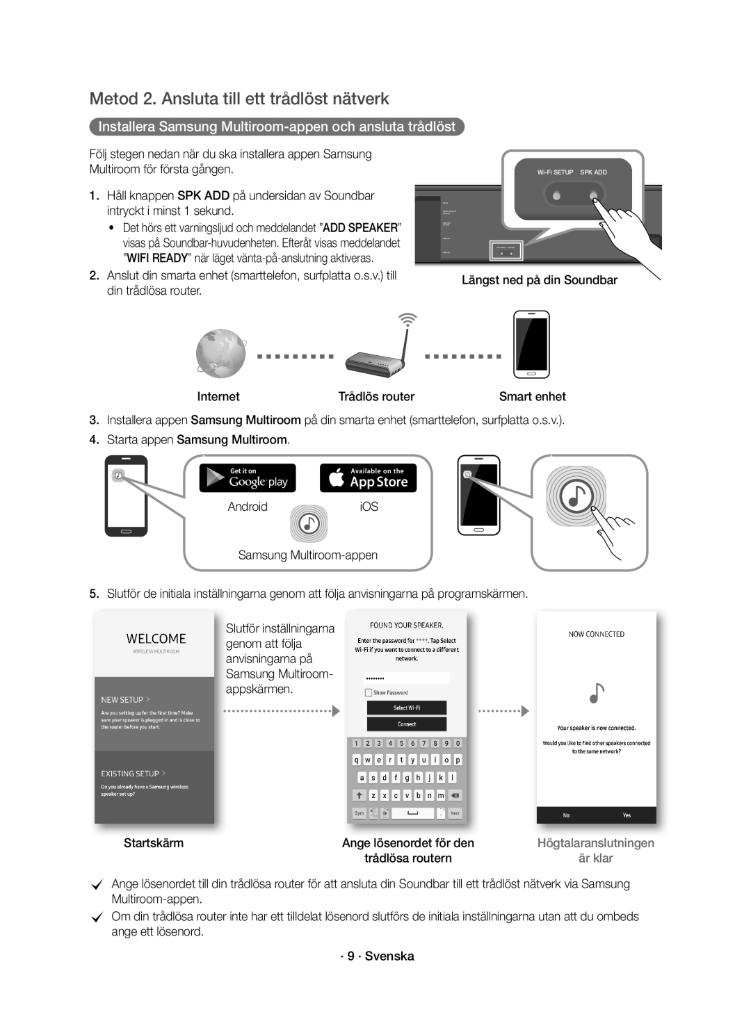 Samsung HW-K860/XE Metod 2. Ansluta till ett trådlöst nätverk, Installera Samsung Multiroom-appen och ansluta trådlöst 