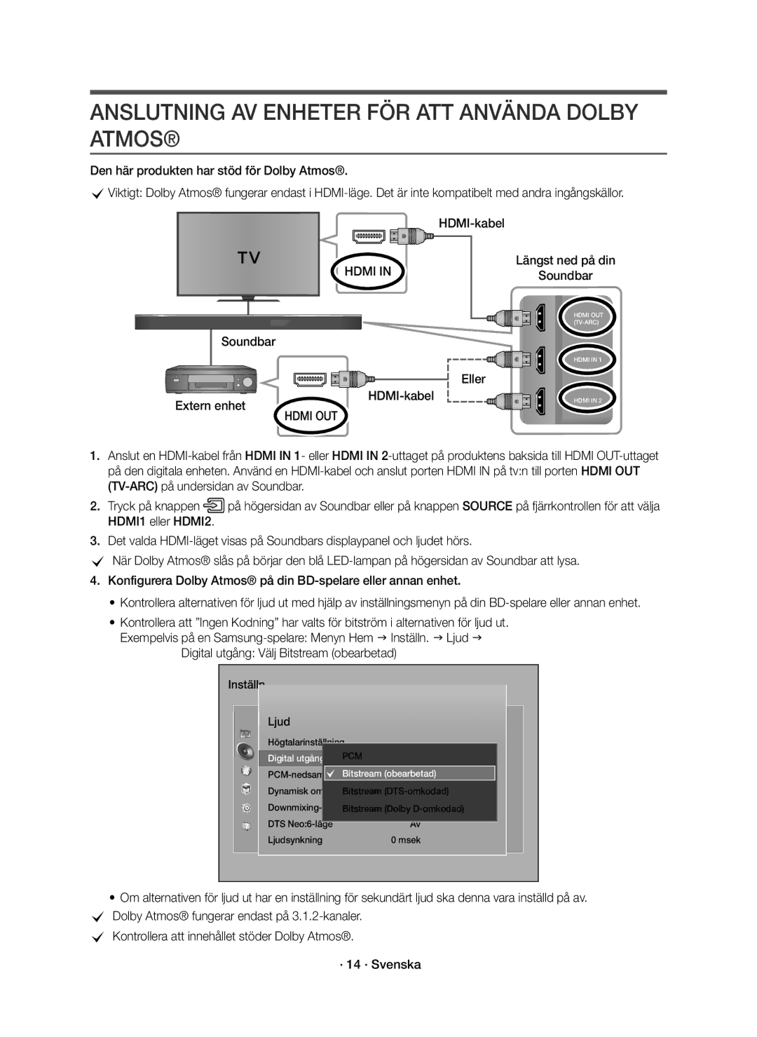 Samsung HW-K860/XE manual Anslutning AV Enheter FÖR ATT Använda Dolby Atmos, Eller HDMI-kabel Extern enhet 