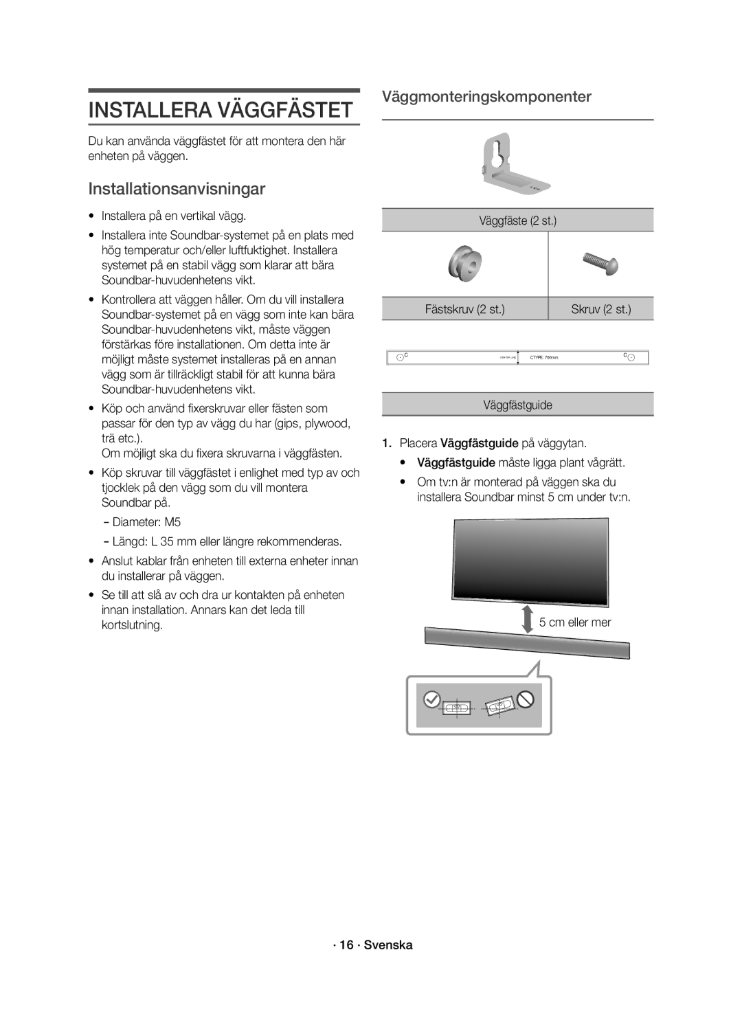 Samsung HW-K860/XE manual Installationsanvisningar, Cm eller mer · 16 · Svenska 