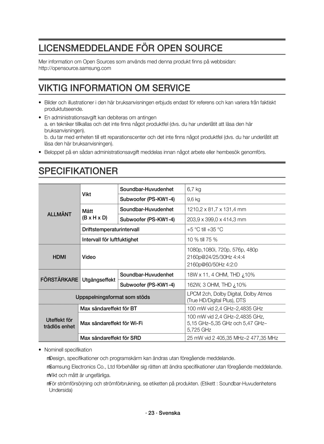 Samsung HW-K860/XE manual Licensmeddelande FÖR Open Source, Viktig Information OM Service, GHz-5,35 GHz och 5,47 GHz 