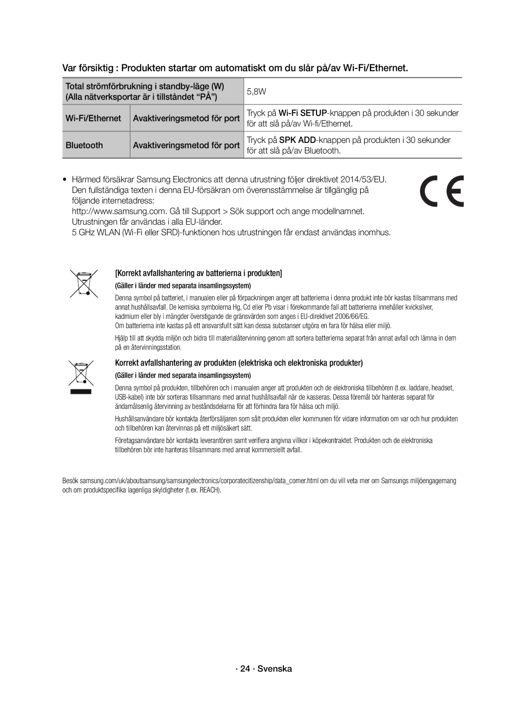 Samsung HW-K860/XE För att slå på/av Wi-fi/Ethernet, Bluetooth Avaktiveringsmetod för port, För att slå på/av Bluetooth 