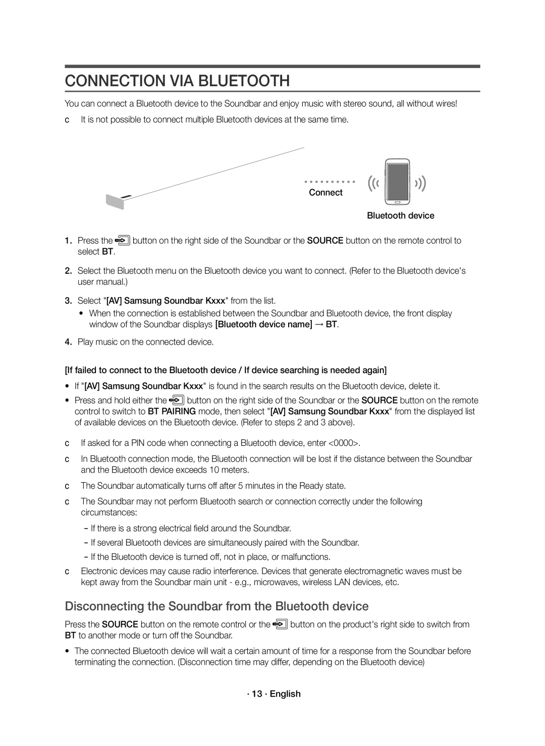 Samsung HW-K860/XE manual Connection VIA Bluetooth, Disconnecting the Soundbar from the Bluetooth device, · 13 · English 