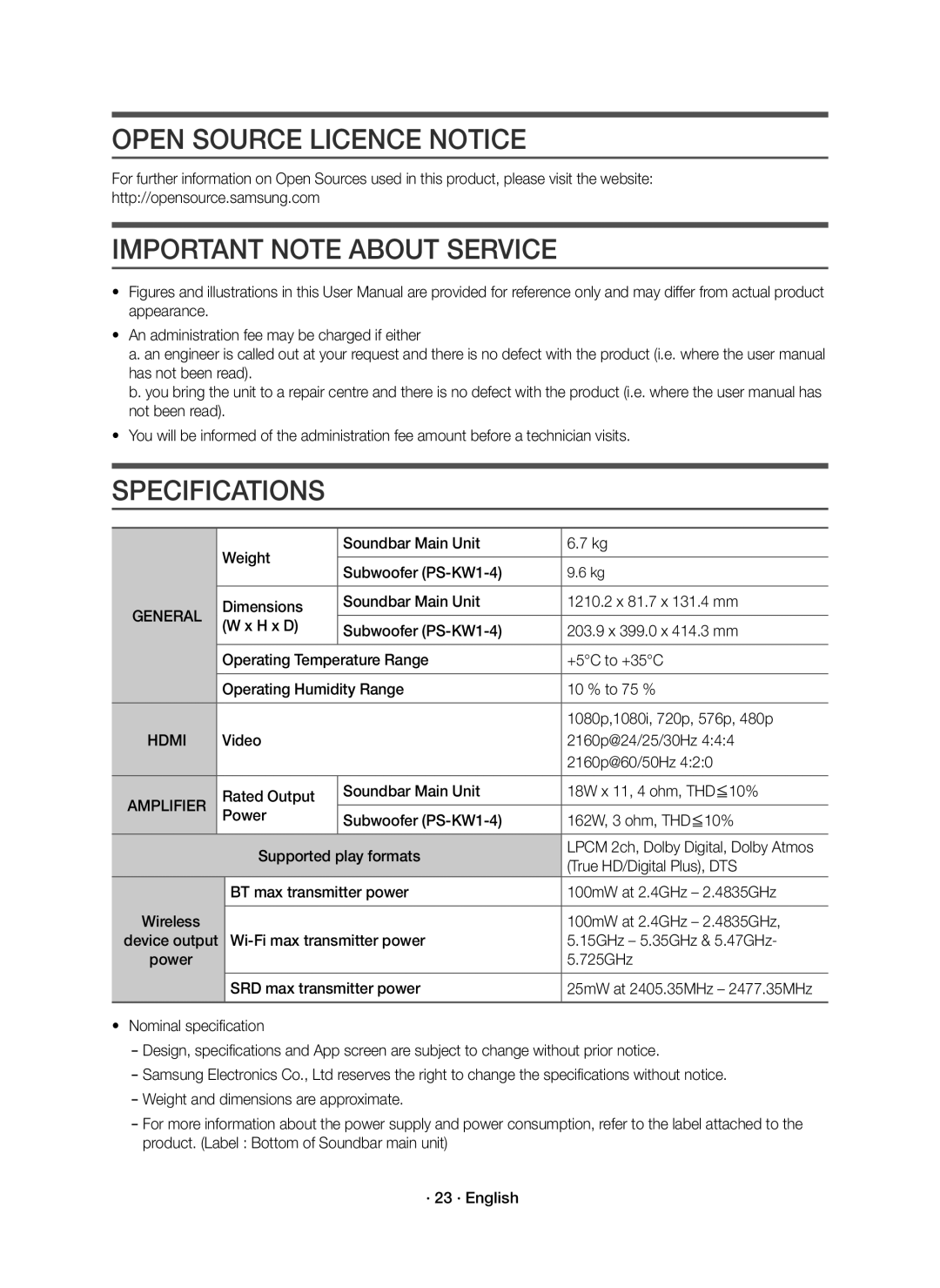 Samsung HW-K860/XE manual Open Source Licence Notice, Important Note about Service, Specifications, Amplifier 