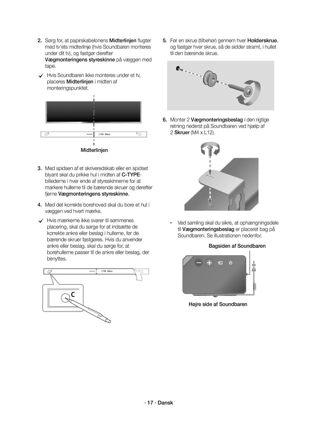 Samsung HW-K860/XE manual Placering, skal du sørge for at indsætte de, Højre side af Soundbaren · 17 · Dansk 