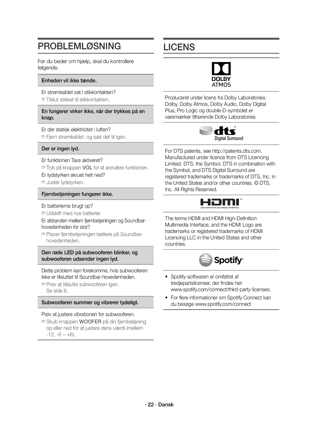 Samsung HW-K860/XE manual Problemløsning, Licens, Der er ingen lyd Er funktionen Tavs aktiveret? 