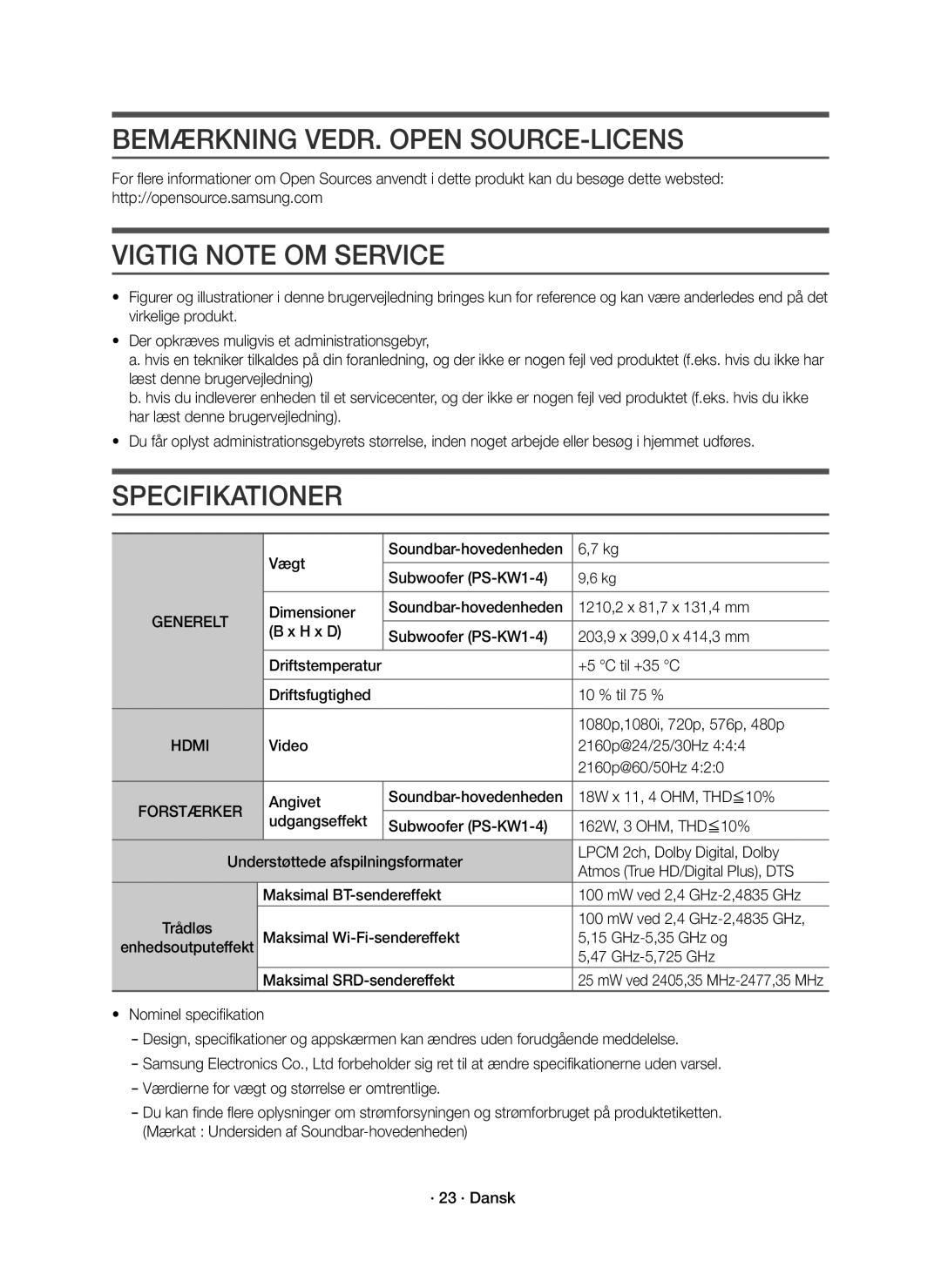 Samsung HW-K860/XE manual Bemærkning VEDR. Open SOURCE-LICENS, Vigtig Note OM Service, Specifikationer, Generelt 