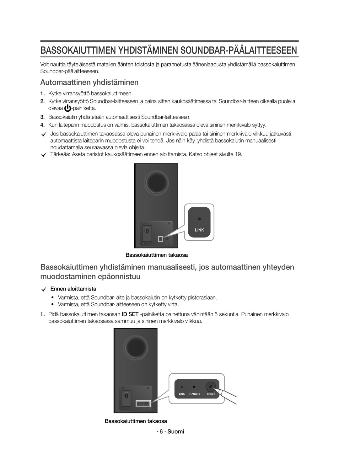 Samsung HW-K860/XE manual Automaattinen yhdistäminen, Bassokaiuttimen takaosa · 6 · Suomi 