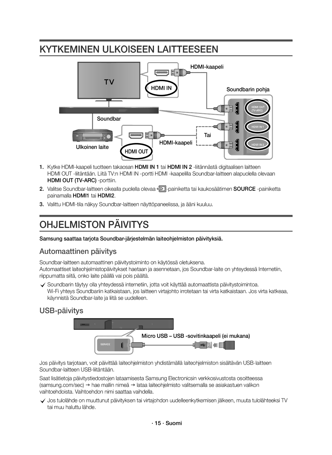 Samsung HW-K860/XE manual Kytkeminen Ulkoiseen Laitteeseen, Ohjelmiston Päivitys, Automaattinen päivitys, USB-päivitys 