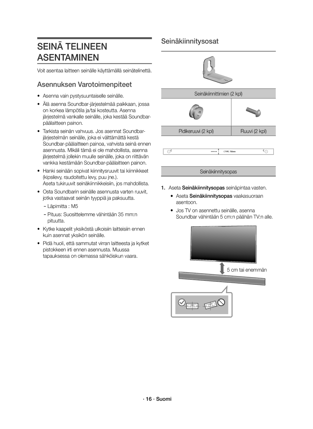 Samsung HW-K860/XE manual Seinä Telineen Asentaminen, Asennuksen Varotoimenpiteet, Seinäkiinnitysosat 