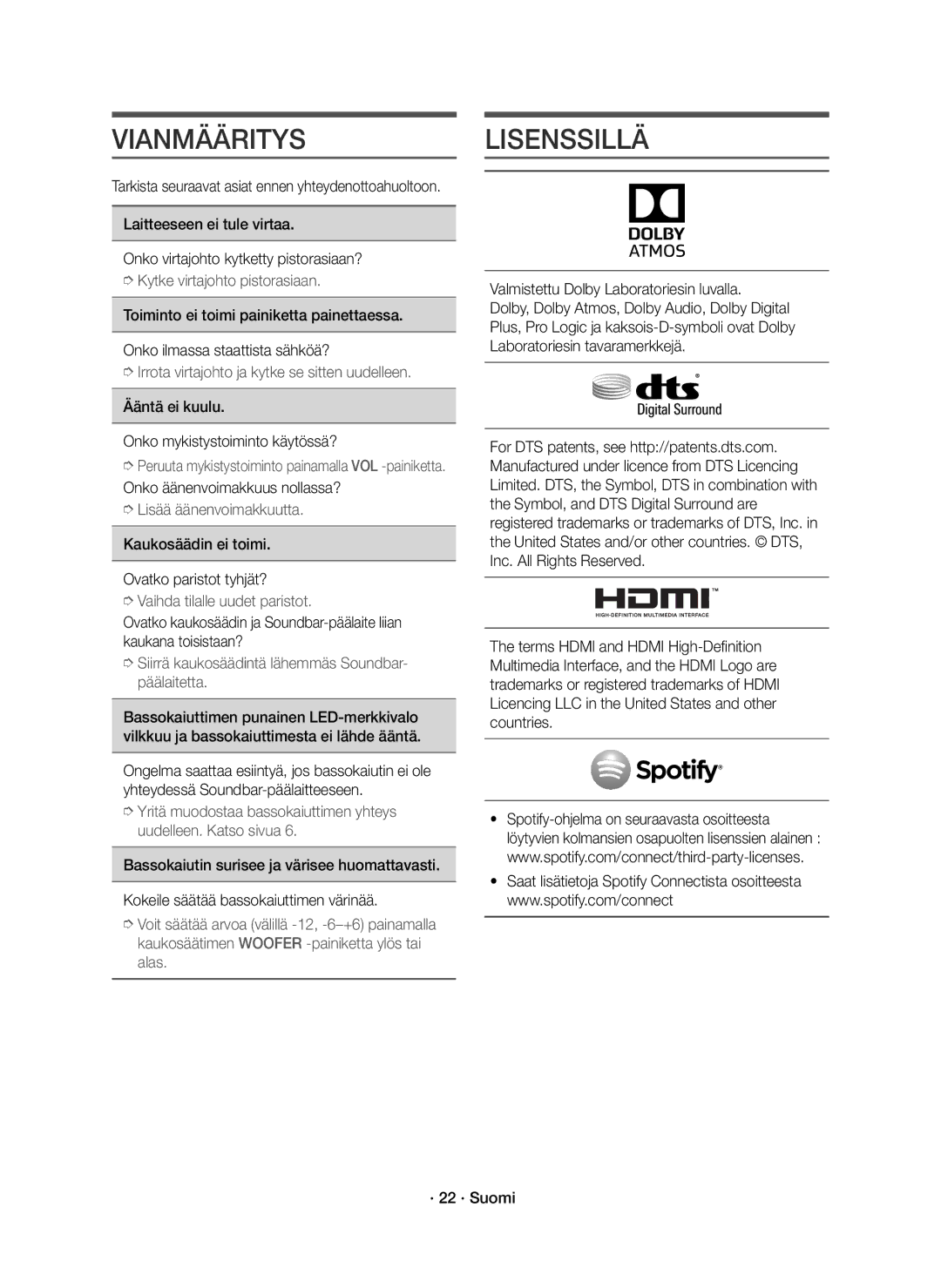 Samsung HW-K860/XE manual Vianmääritys, Lisenssillä, Ääntä ei kuulu Onko mykistystoiminto käytössä? 