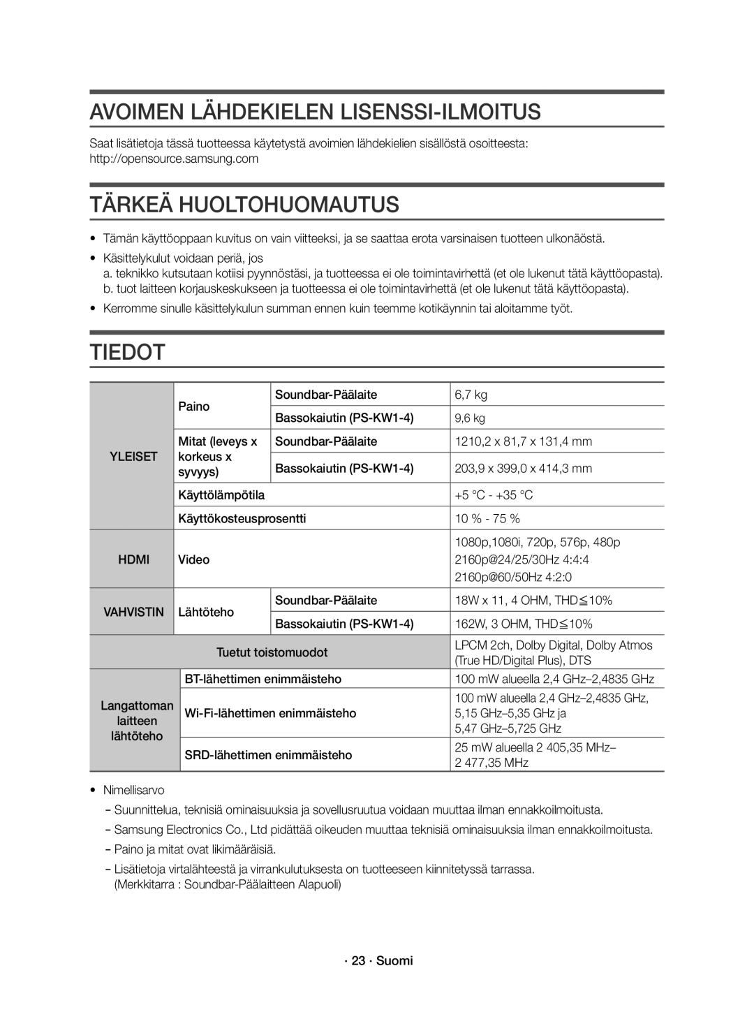 Samsung HW-K860/XE manual Avoimen Lähdekielen LISENSSI-ILMOITUS, Tärkeä Huoltohuomautus, Tiedot, Yleiset 