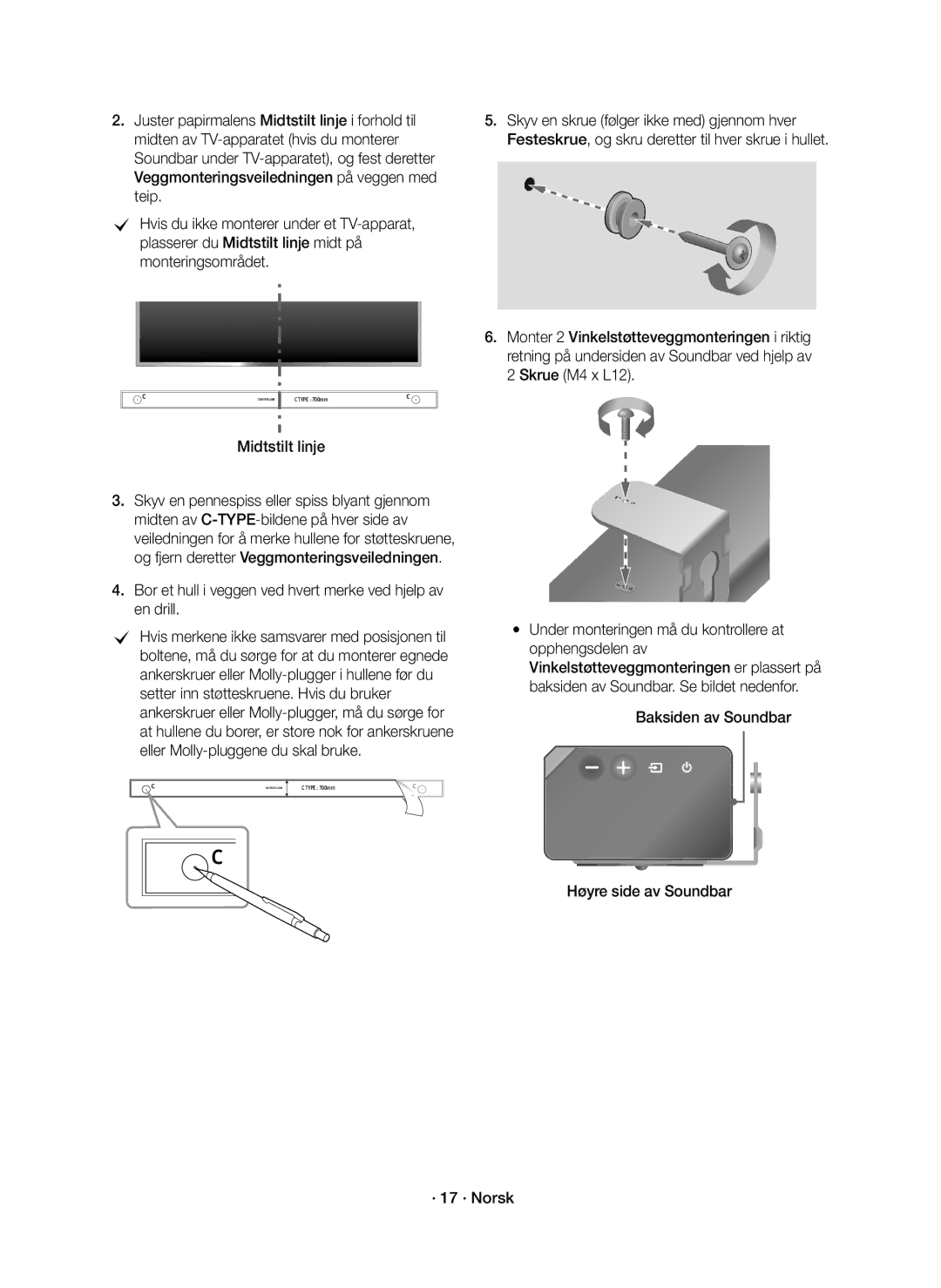 Samsung HW-K860/XE manual Bor et hull i veggen ved hvert merke ved hjelp av en drill 