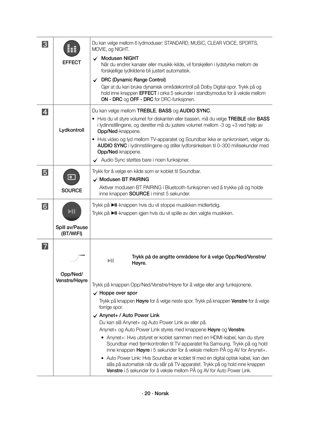 Samsung HW-K860/XE Forskjellige lydkildene bli justert automatisk, Du kan velge mellom TREBLE, Bass og Audio Sync, Opp/Ned 