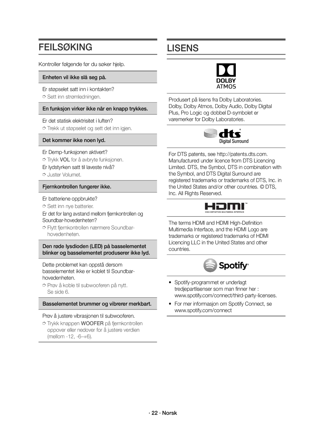 Samsung HW-K860/XE manual Feilsøking, Lisens, Det kommer ikke noen lyd Er Demp-funksjonen aktivert? 