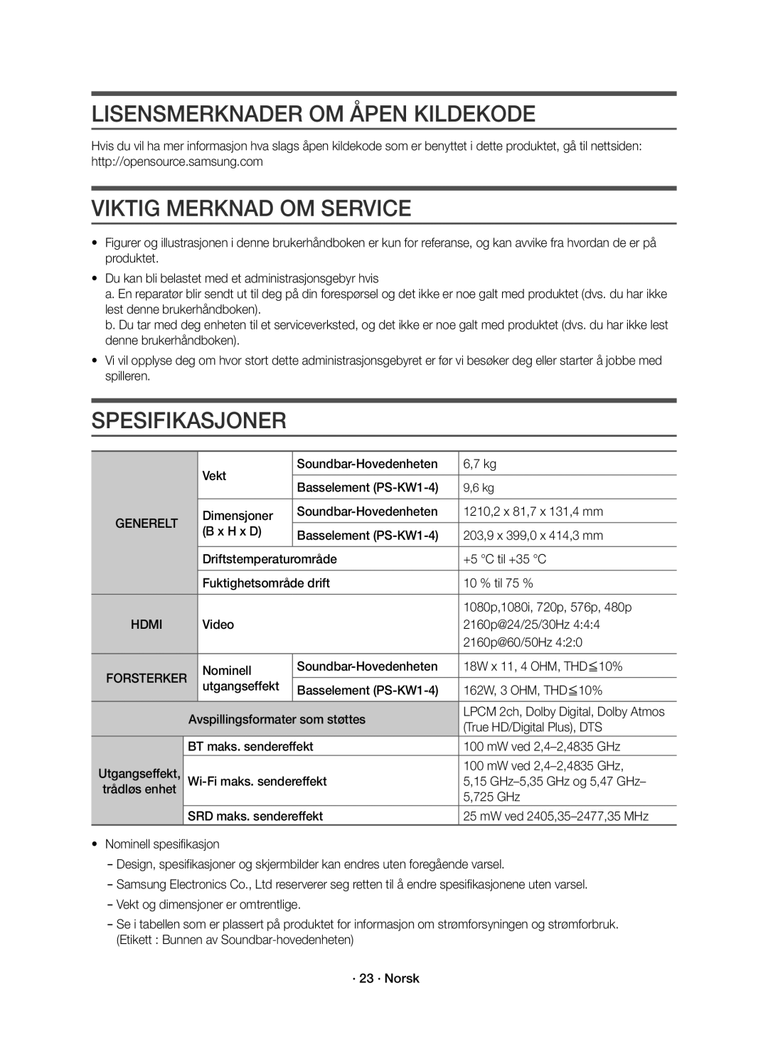 Samsung HW-K860/XE manual Lisensmerknader OM Åpen Kildekode, Viktig Merknad OM Service, Spesifikasjoner, Forsterker 