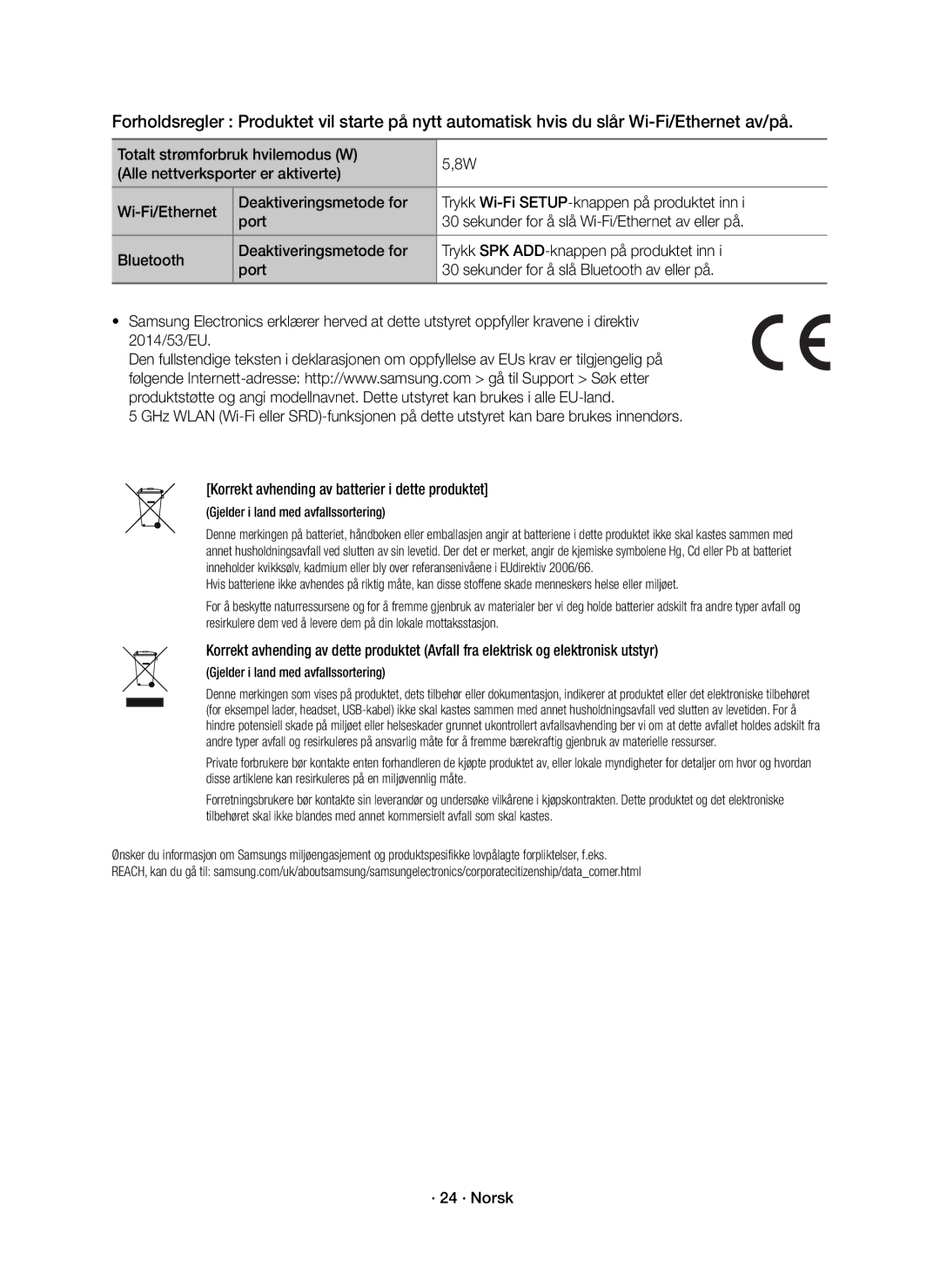 Samsung HW-K860/XE manual · 24 · Norsk, Gjelder i land med avfallssortering 