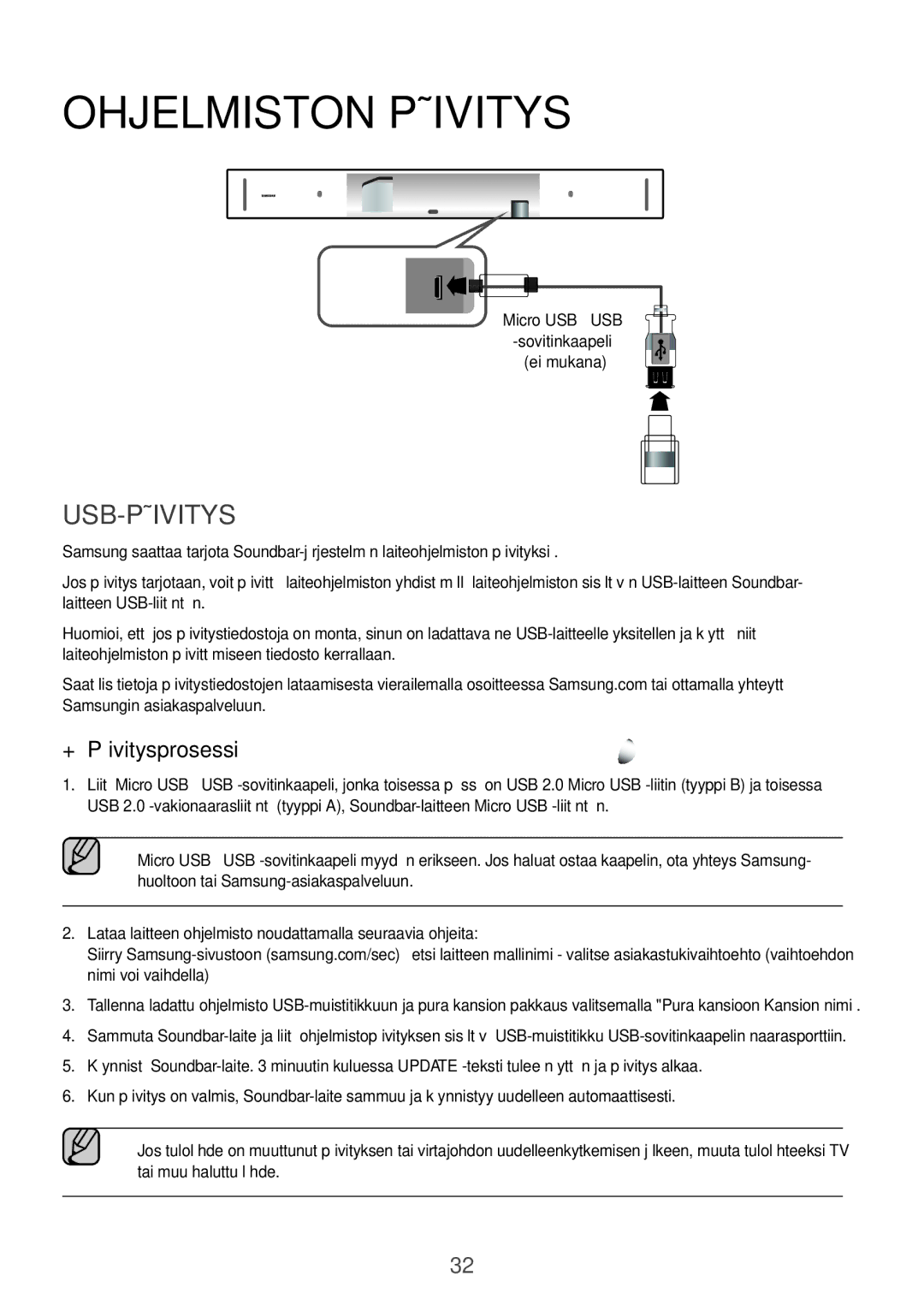 Samsung HW-K860/XE manual Ohjelmiston päivitys, USB-päivitys, ++Päivitysprosessi, Micro USB USB Sovitinkaapeli Ei mukana 