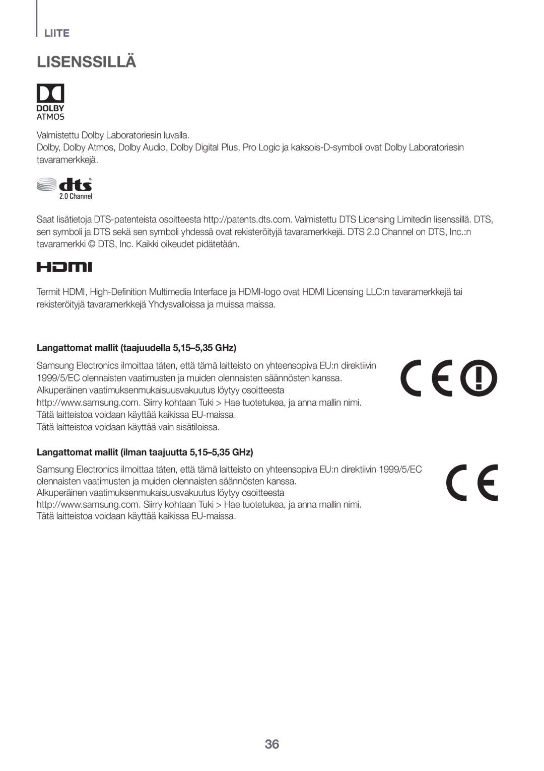 Samsung HW-K860/XE manual Lisenssillä, Langattomat mallit taajuudella 5,15-5,35 GHz 