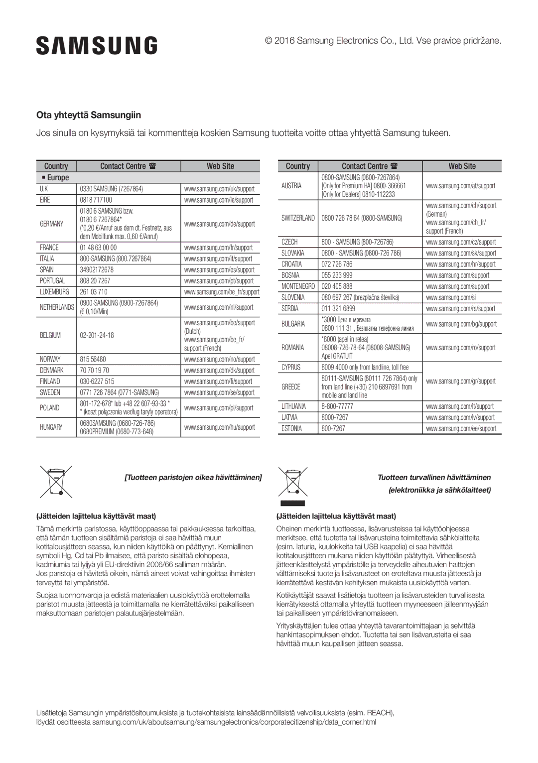 Samsung HW-K860/XE manual Ota yhteyttä Samsungiin, Jätteiden lajittelua käyttävät maat 