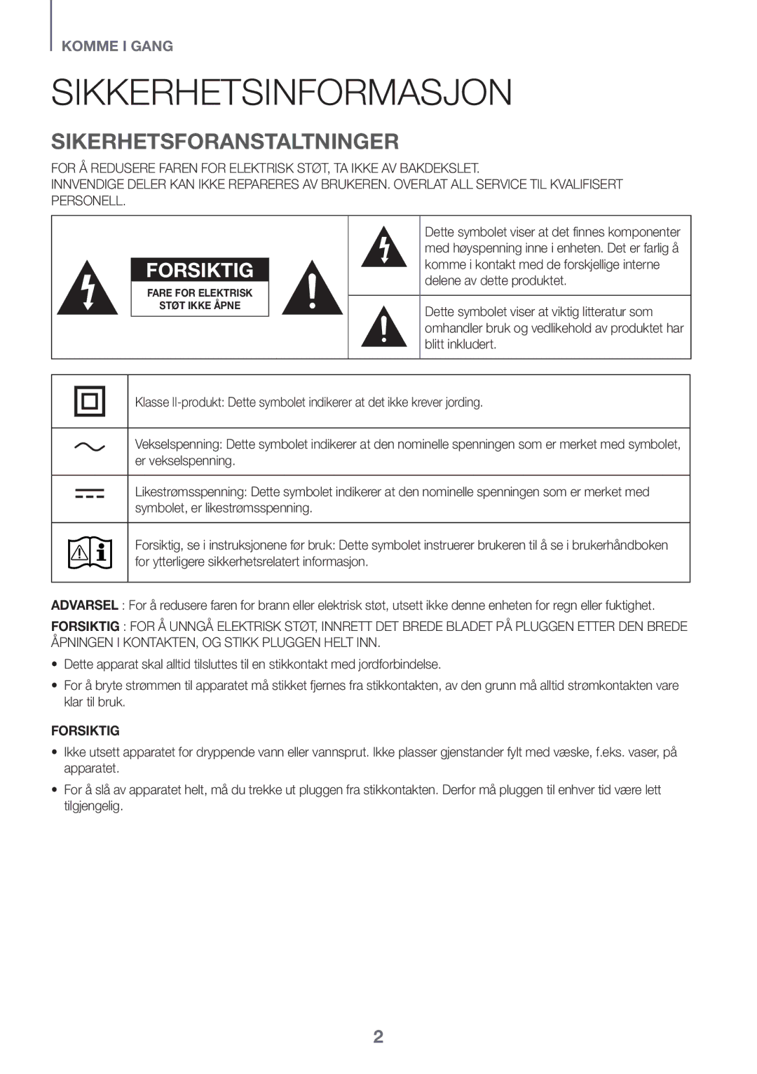 Samsung HW-K860/XE manual Sikkerhetsinformasjon, Sikerhetsforanstaltninger 