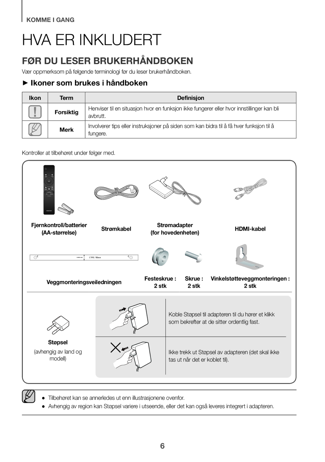 Samsung HW-K860/XE manual Hva er inkludert, Før du leser brukerhåndboken, ++Ikoner som brukes i håndboken 