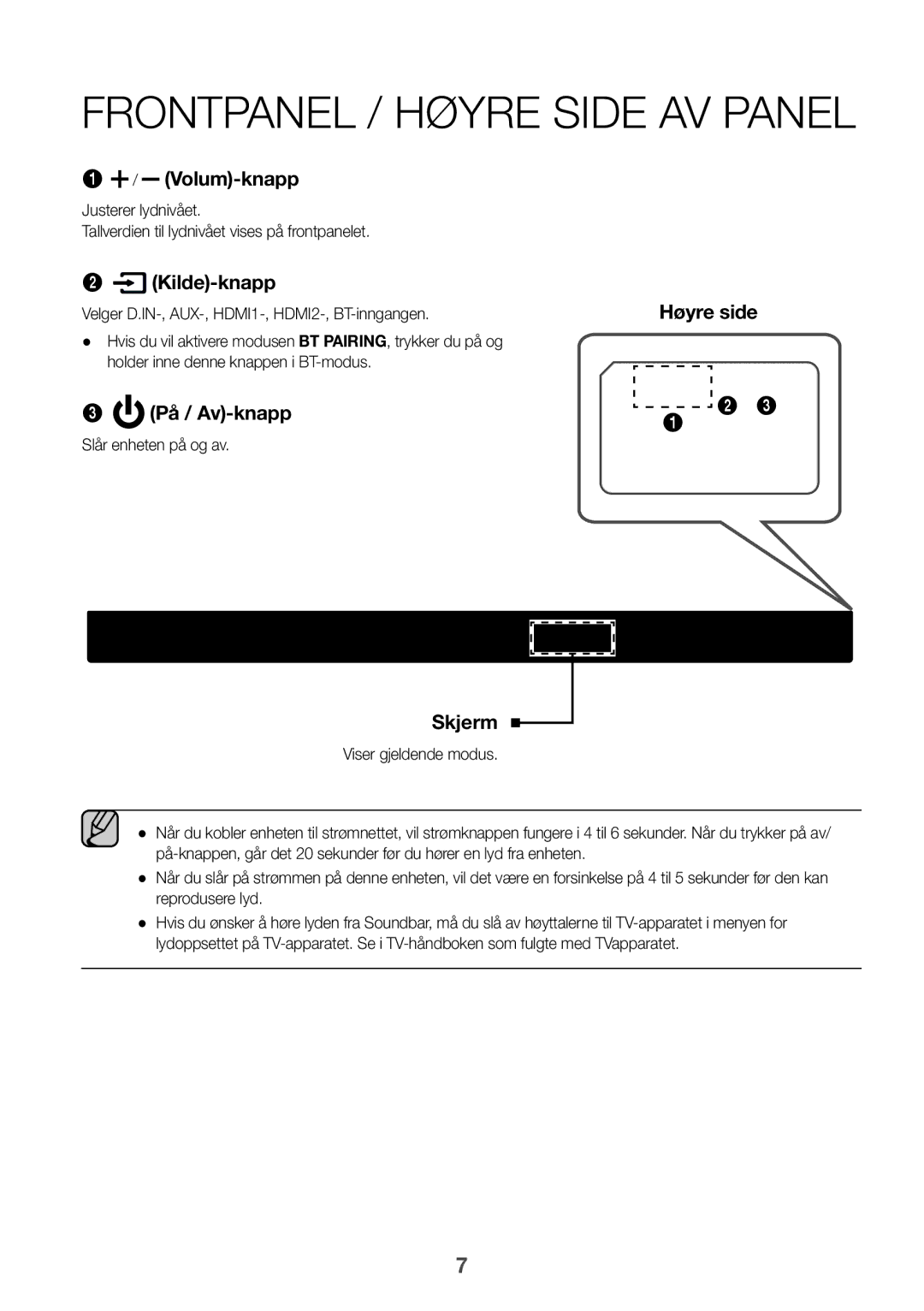 Samsung HW-K860/XE manual Frontpanel / Høyre side av panel, Velger D.IN-, AUX-, HDMI1-, HDMI2-, BT-inngangen 