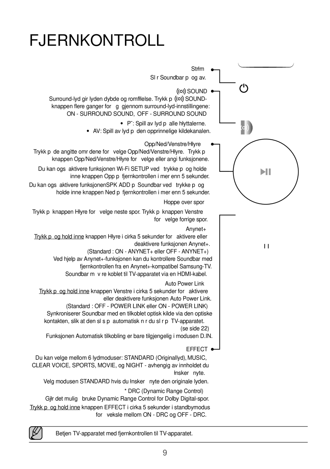 Samsung HW-K860/XE manual Fjernkontroll, Strøm, Opp/Ned/Venstre/Høyre, Hoppe over spor 