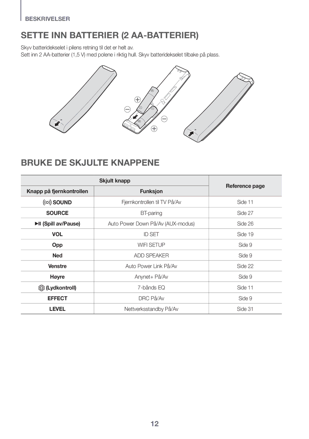 Samsung HW-K860/XE manual Sette inn batterier 2 AA-batterier, Bruke de skjulte knappene, Skjult knapp 