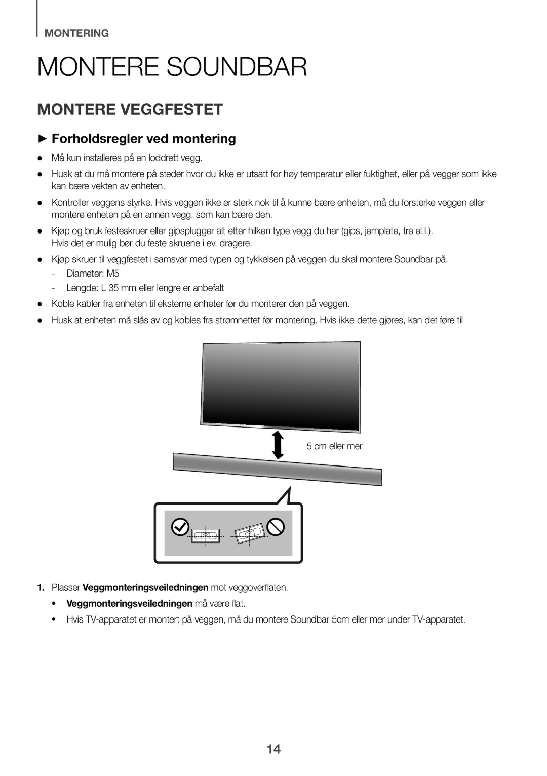 Samsung HW-K860/XE manual Montere Soundbar, Montere veggfestet, ++Forholdsregler ved montering 