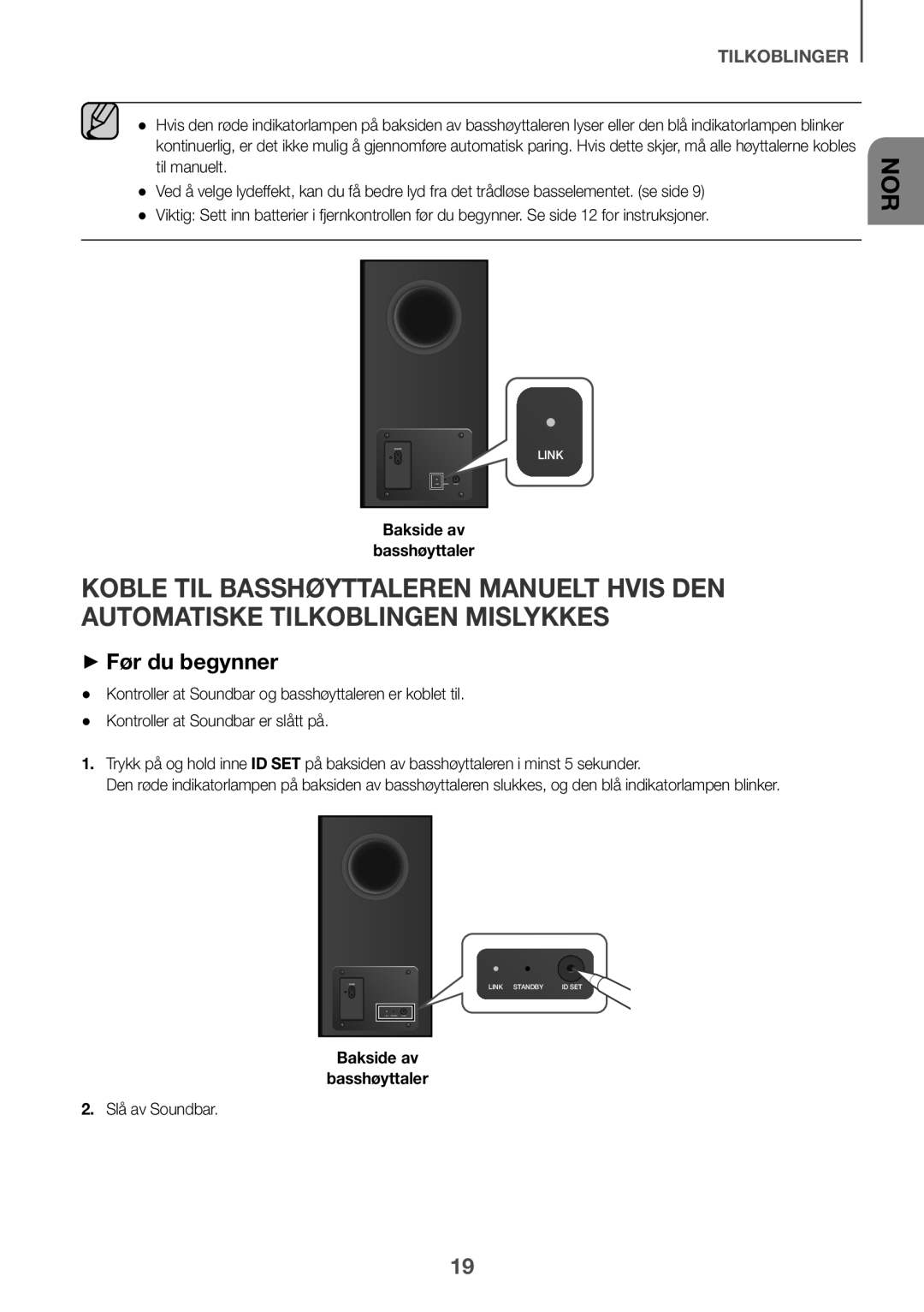 Samsung HW-K860/XE manual ++Før du begynner, Bakside av Basshøyttaler, Slå av Soundbar 