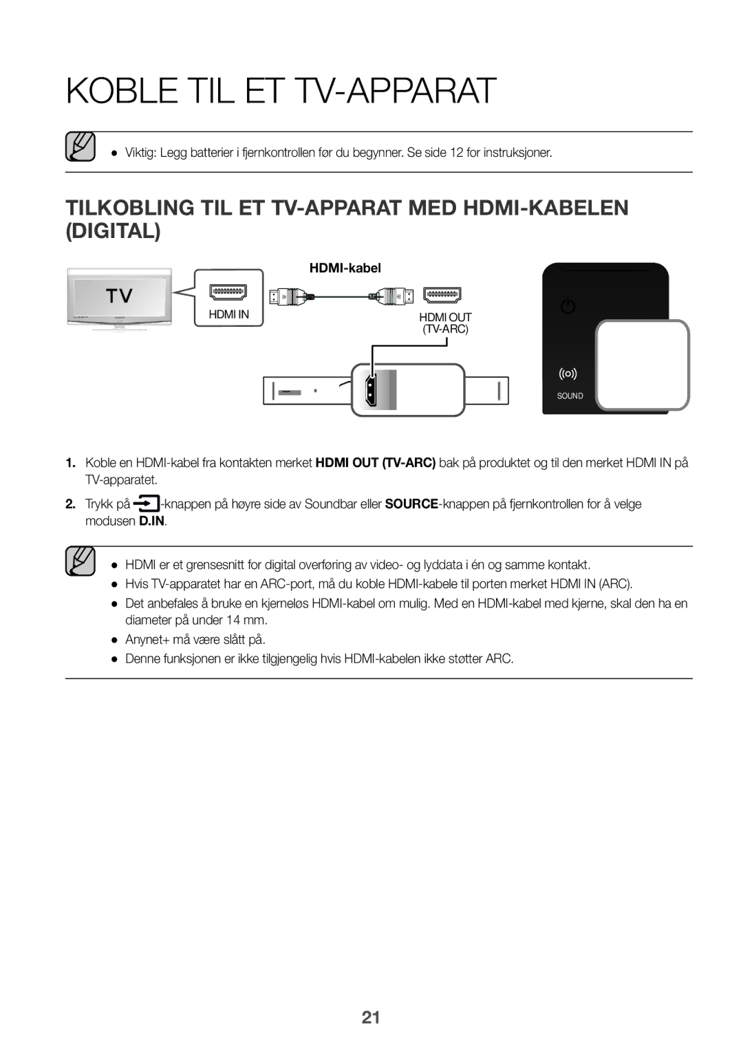 Samsung HW-K860/XE manual Koble til et TV-apparat, Tilkobling til et TV-apparat med HDMI-kabelen digital 