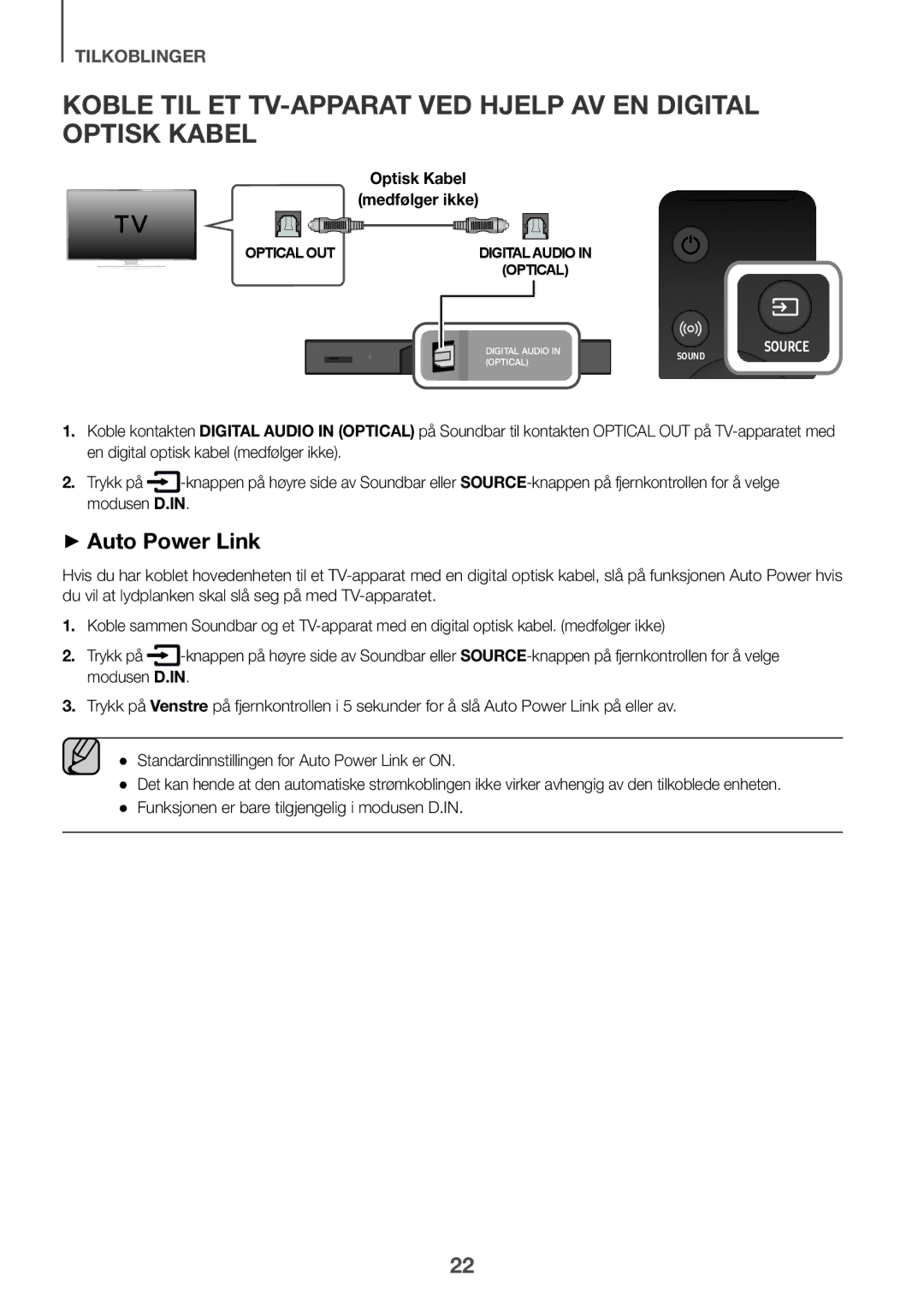 Samsung HW-K860/XE manual Koble til et TV-apparat ved hjelp av en digital optisk kabel 