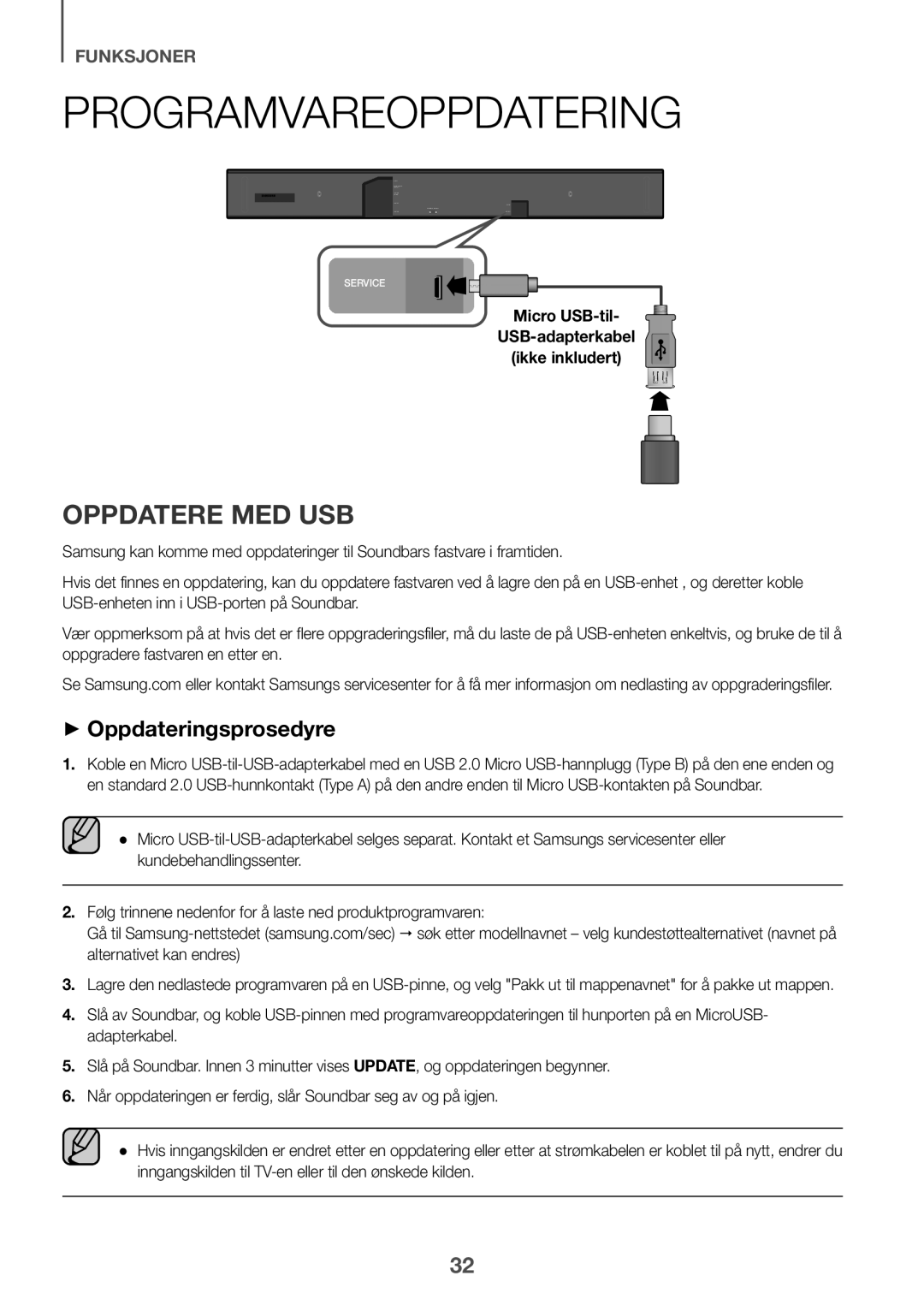 Samsung HW-K860/XE manual Programvareoppdatering, Oppdatere med USB, ++Oppdateringsprosedyre 