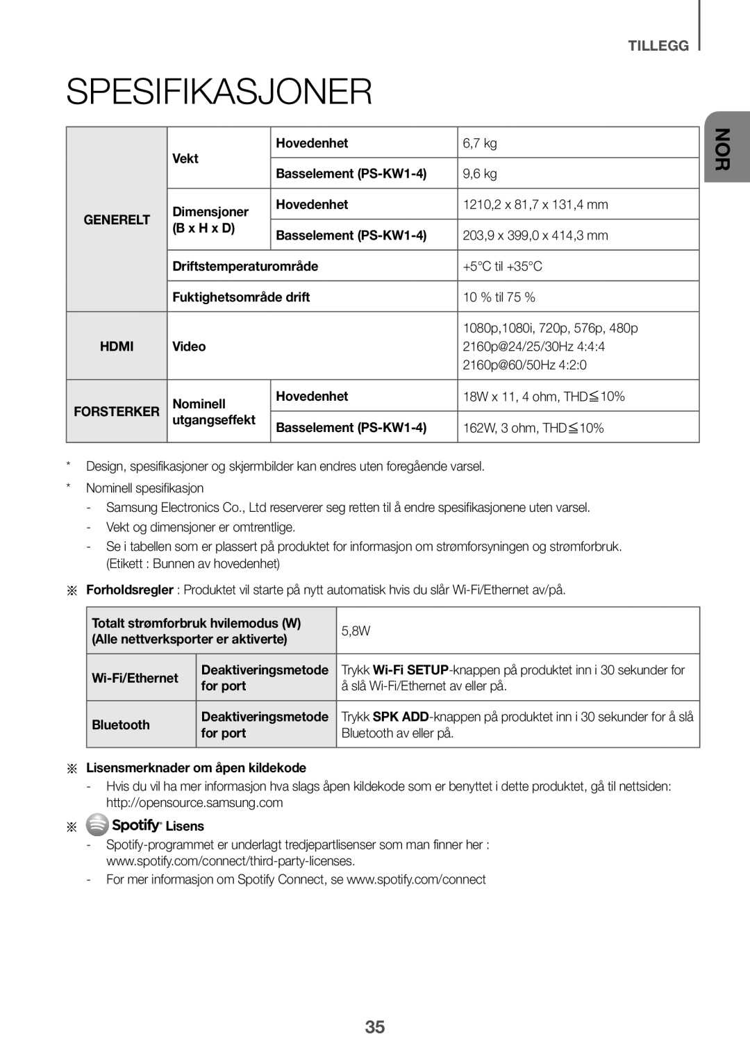 Samsung HW-K860/XE Spesifikasjoner, Vekt Hovedenhet Basselement PS-KW1-4, For port, Aa Lisensmerknader om åpen kildekode 