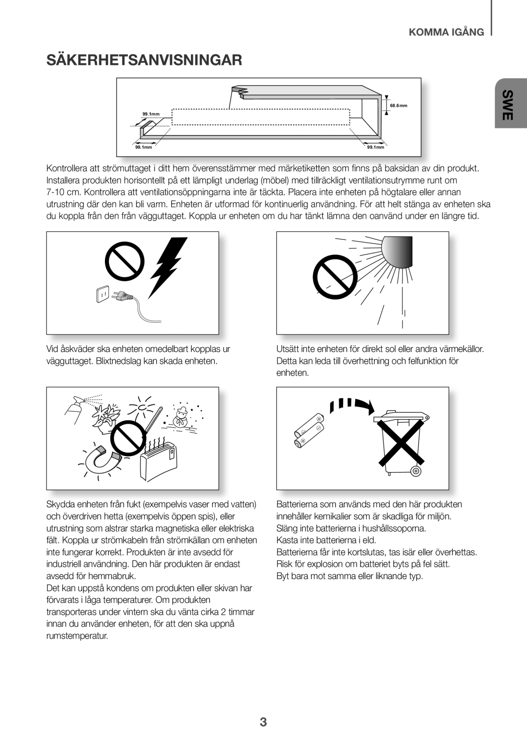 Samsung HW-K860/XE manual Säkerhetsanvisningar, Kasta inte batterierna i eld, Byt bara mot samma eller liknande typ 