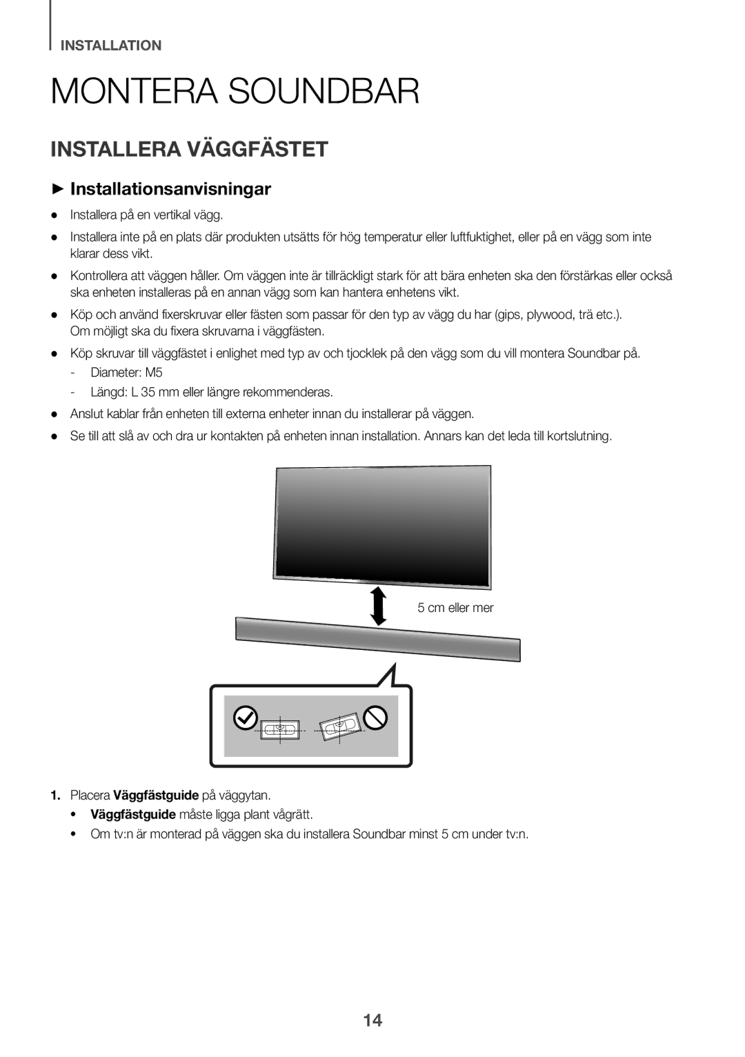 Samsung HW-K860/XE manual Montera Soundbar, Installera Väggfästet, ++Installationsanvisningar 