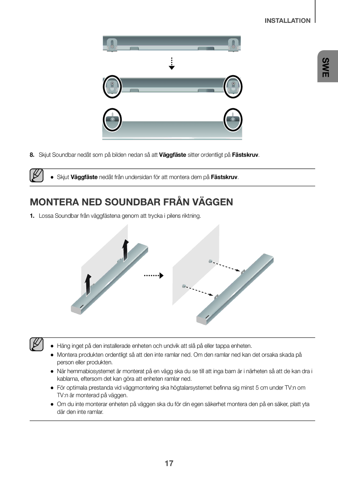 Samsung HW-K860/XE manual Montera ned Soundbar från väggen 